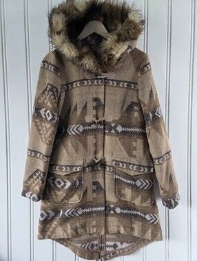 BB Dakota Steve Madden Southwestern Faux Fur Lined Hooded Long Coat Tan XS